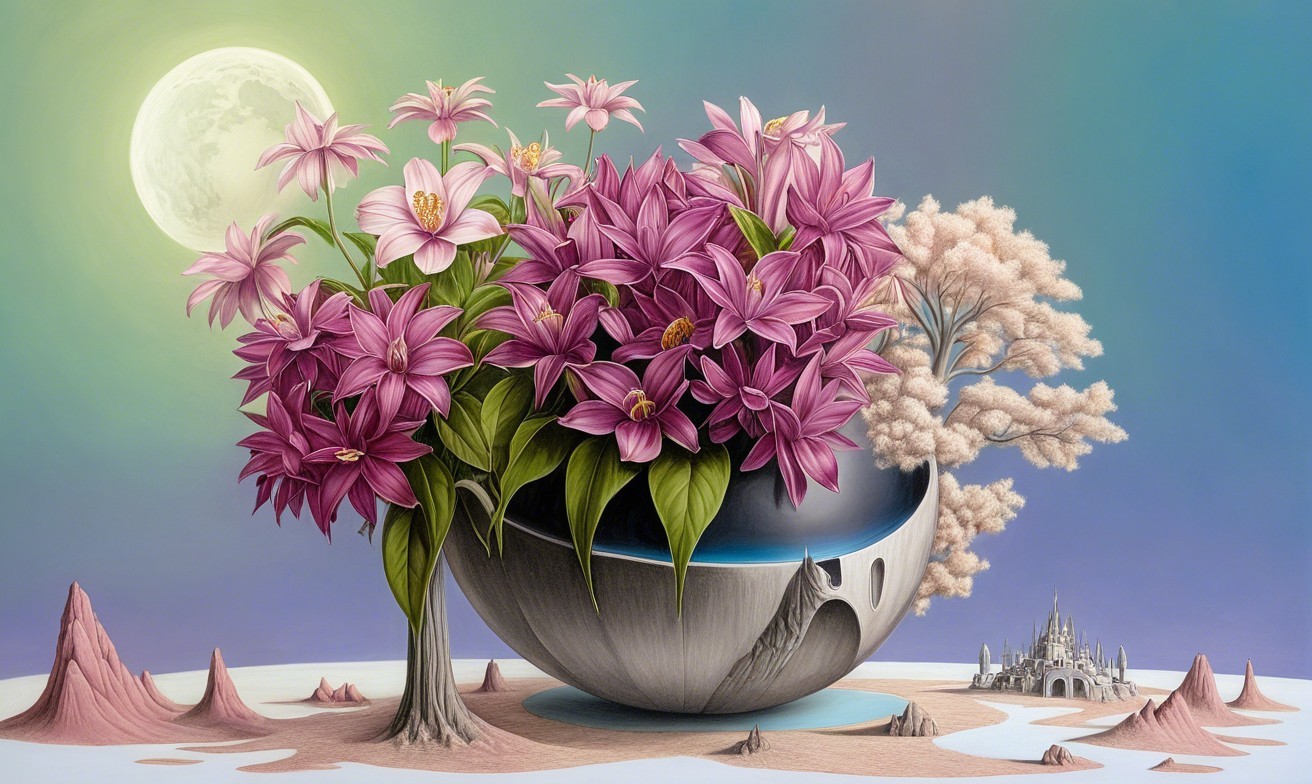 Intricate Still Life with Flowers and Surreal Landscape