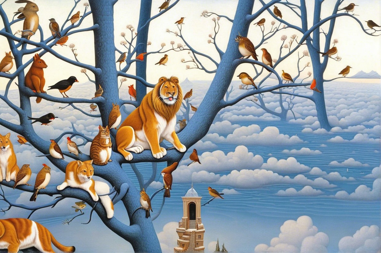 Surreal Scene with Blue Tree and Whimsical Animals