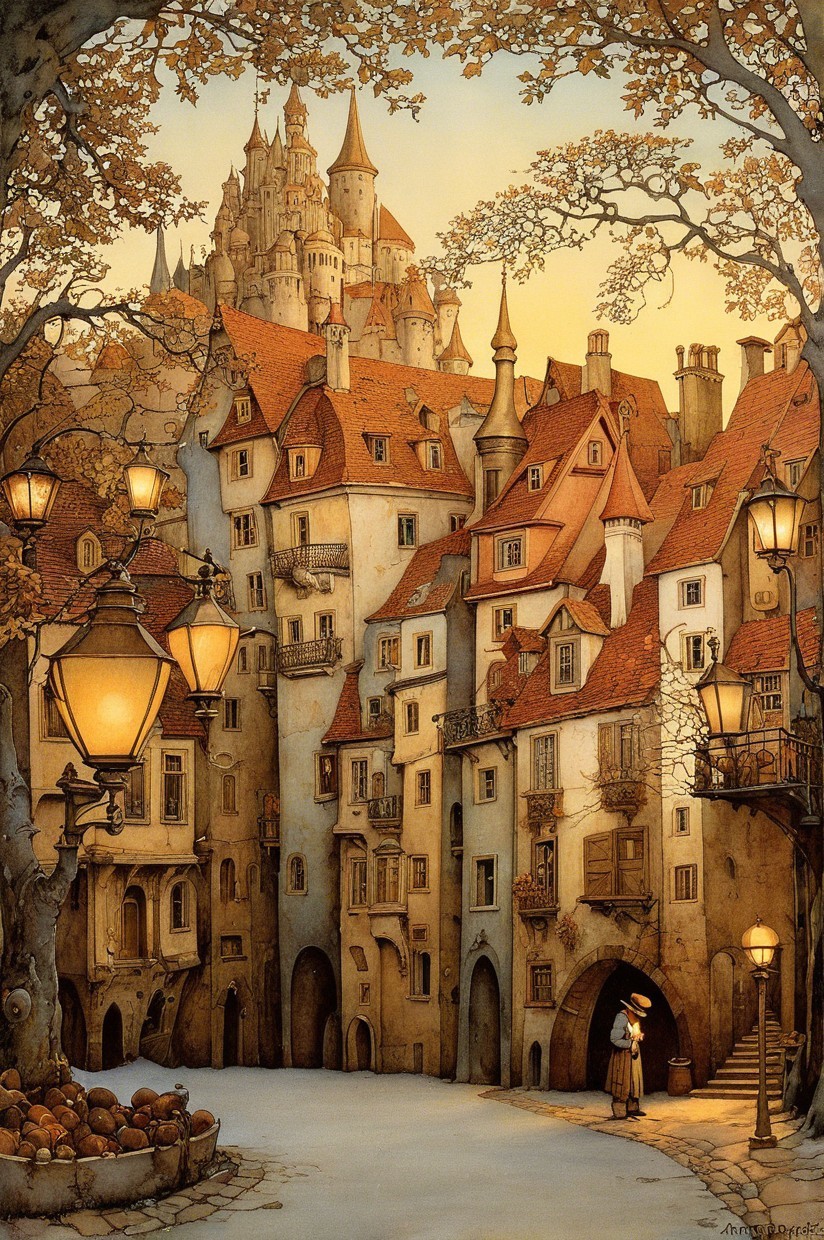 Whimsical Village Scene with Charming Houses and Castle