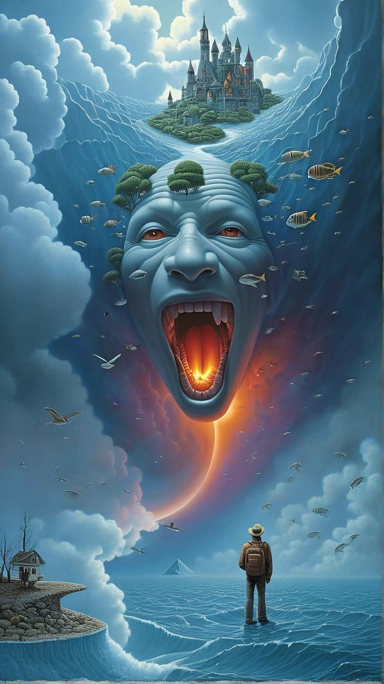 Surreal Landscape with Colossal Face and Floating Castle