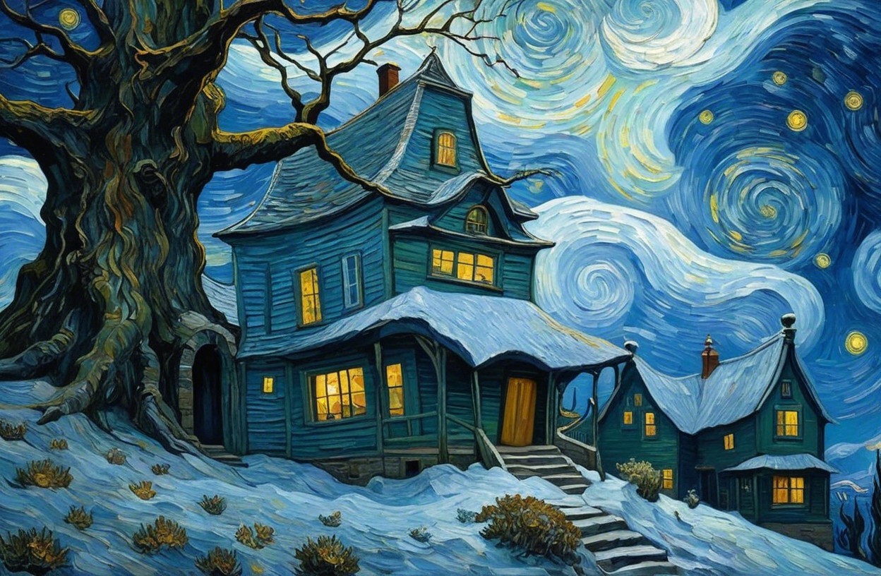Whimsical Starry Night with Blue House and Tree