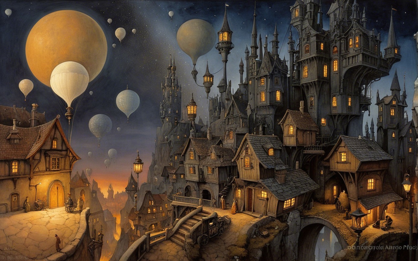 Medieval Town on Cliffside with Hot Air Balloons