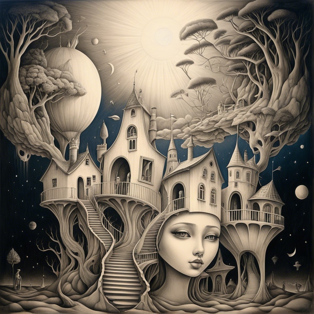 Surreal Village with Whimsical Trees and Hot Air Balloon