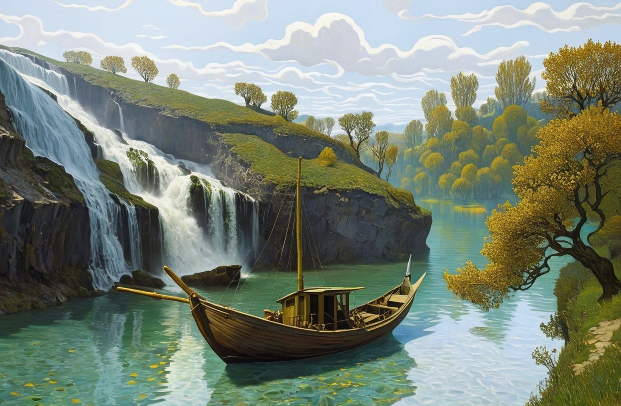 Tranquil River Landscape with Waterfalls and Greenery