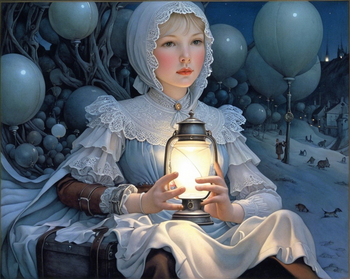 Young girl in vintage dress with glowing lantern and balloons
