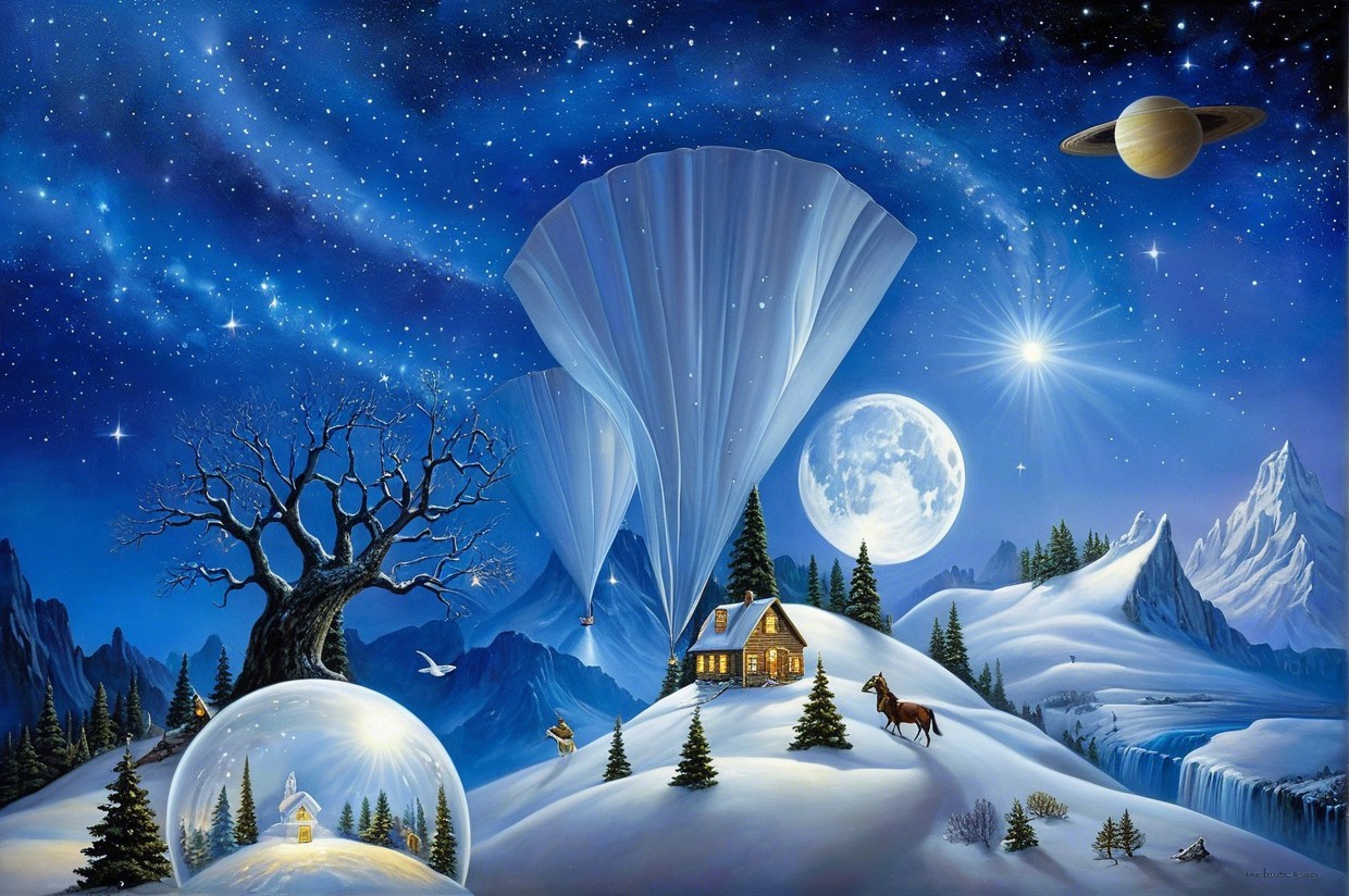 Serene Winter Landscape with Cabin and Starry Sky