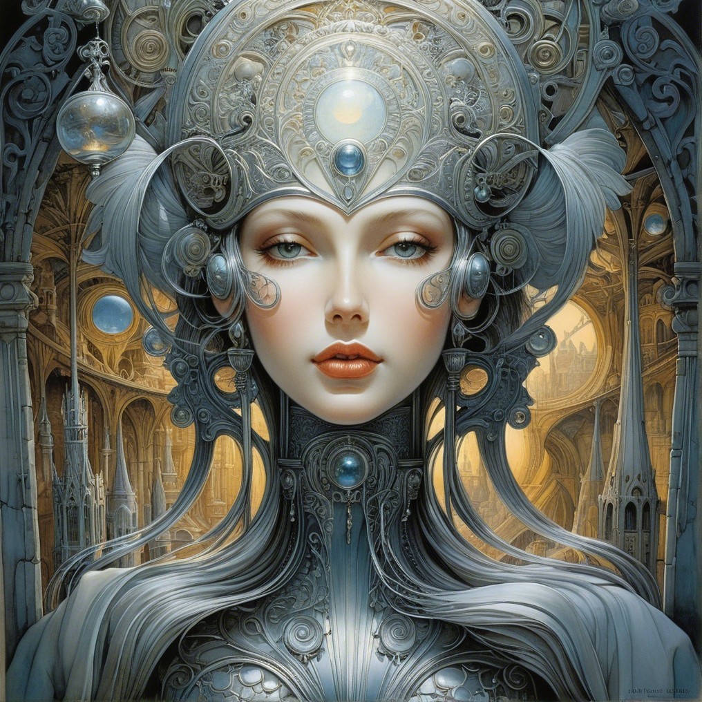 Ethereal Figure with Metallic Adornments and Architecture