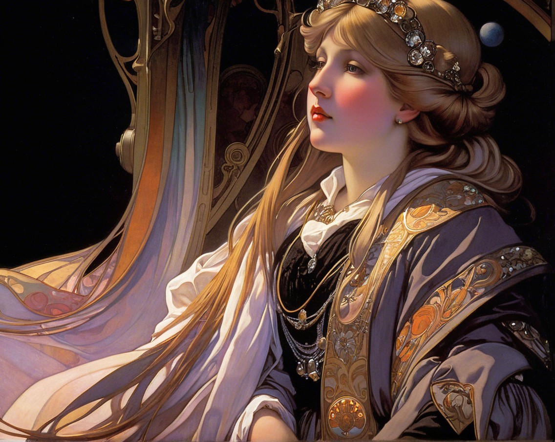 Elegant woman in ornate garments with intricate patterns