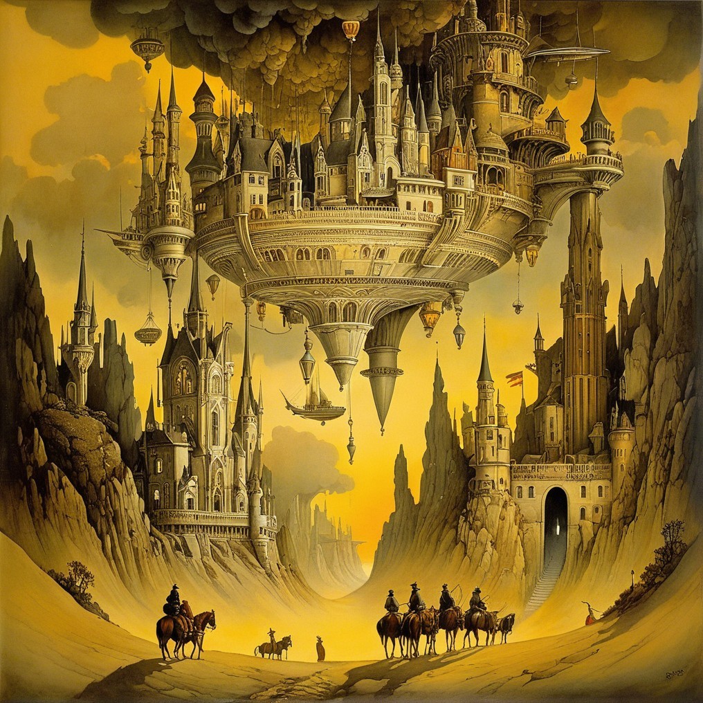 Fantastical landscape with floating city and mountains