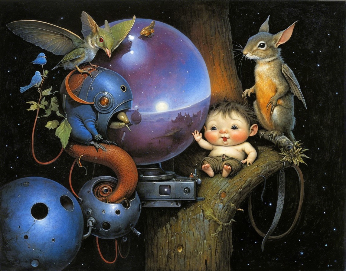 Whimsical Night Scene with Baby, Rabbit, and Creatures