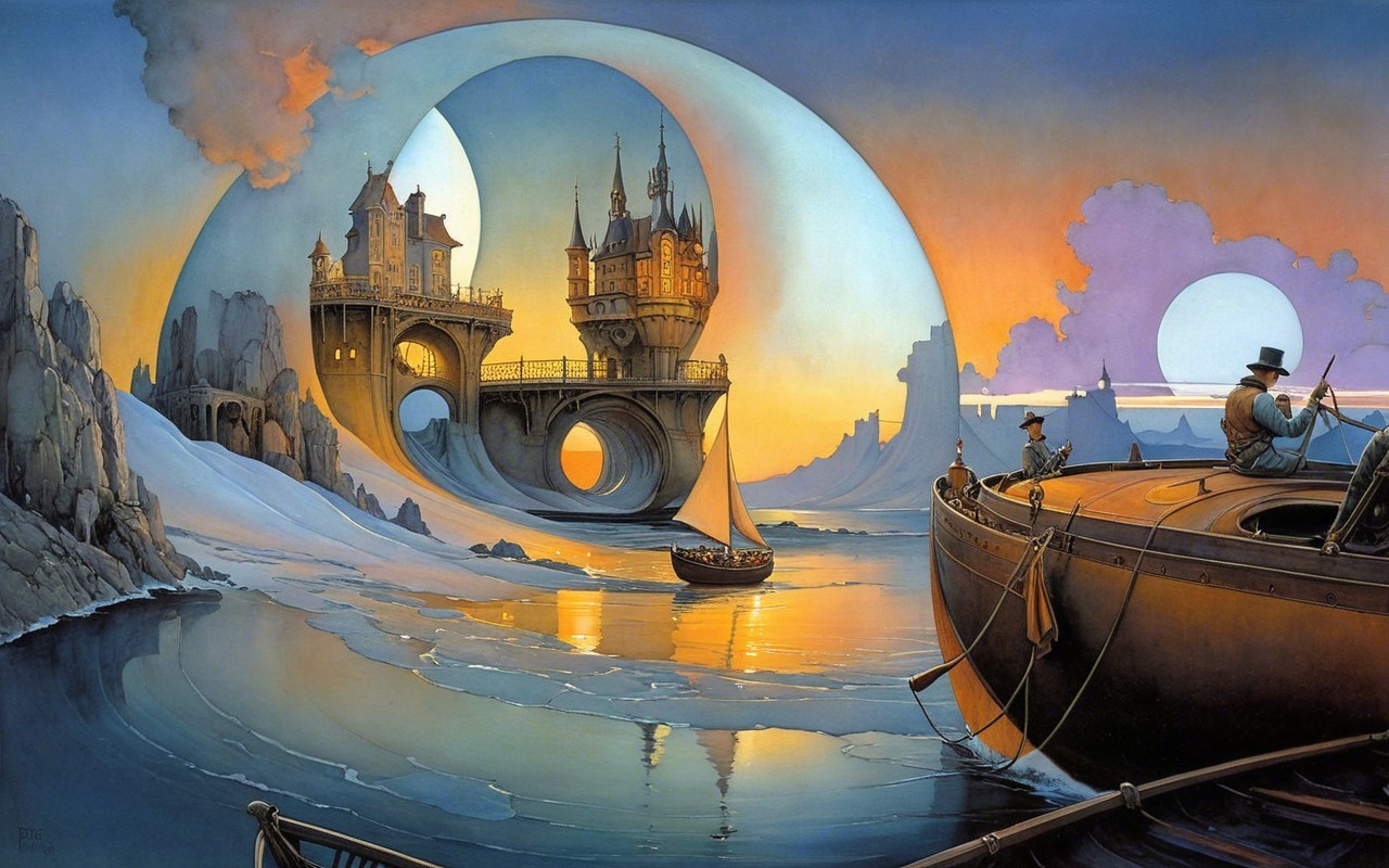 Whimsical Castle and Serene Boat at Sunset Scene