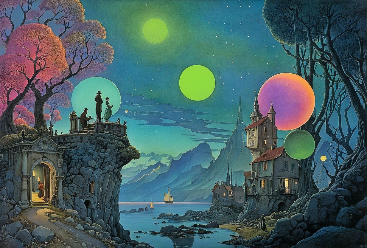 Surreal Landscape with Rocky Shore and Whimsical Figures