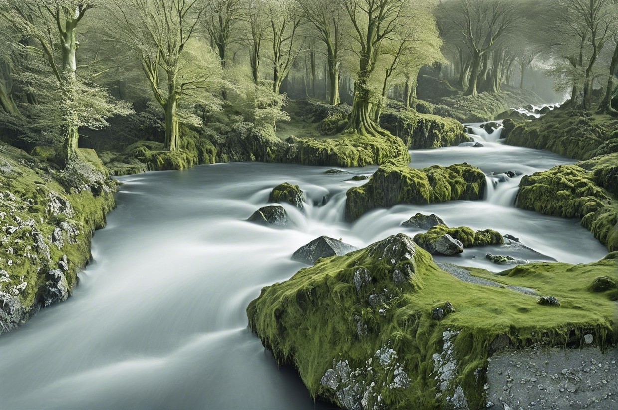 Serene Landscape with Flowing River and Lush Greenery