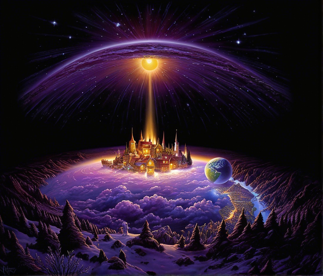 Glowing City in Cloudy Terrain with Distant Earth
