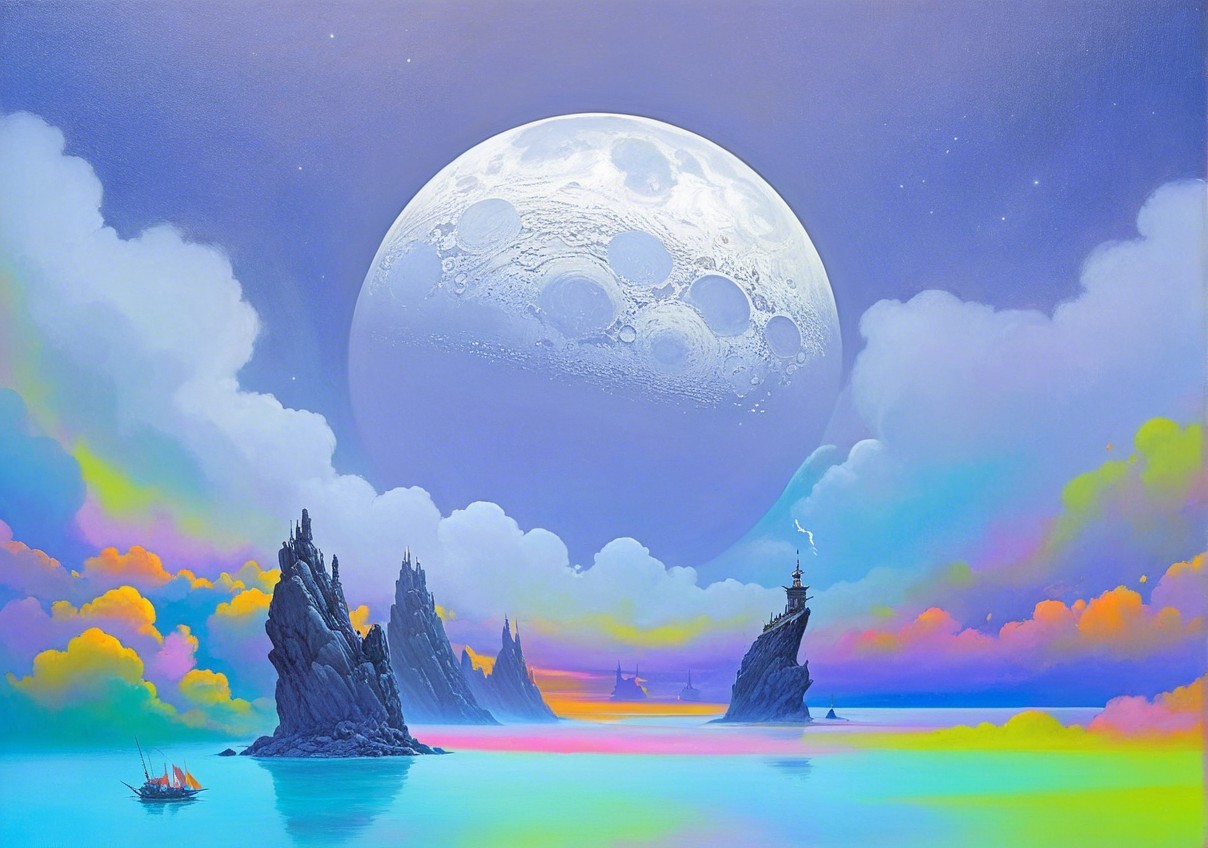 Surreal Landscape with Towering Rocks and Moonlight