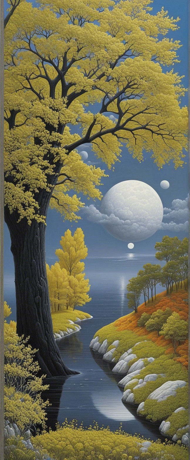 Serene Landscape with Tree, River, and Moonlit Sky