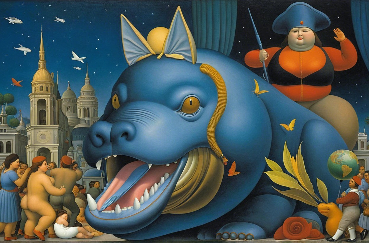 Surreal Scene with Blue Creature and Chubby Figures