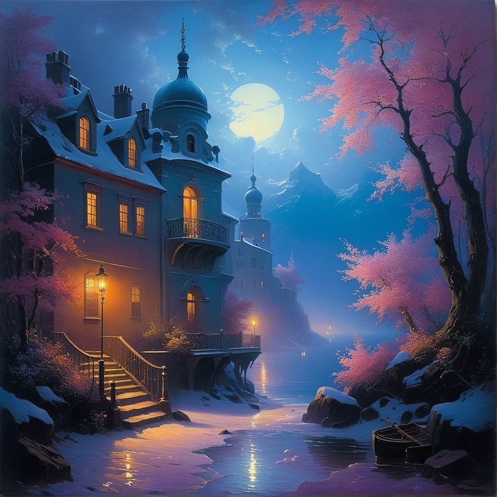 Moonlit Riverside Village with Cherry Blossoms and Mountains