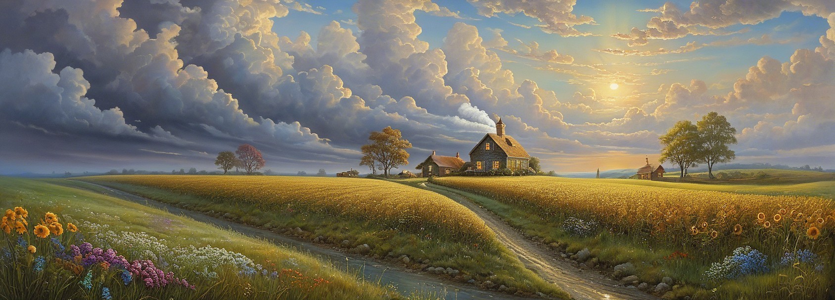 Serene Countryside Landscape with Colorful Sky