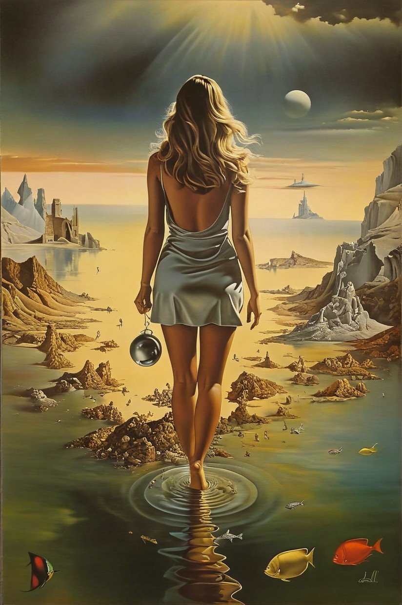 Surreal Landscape with Woman in Silver Dress and Water