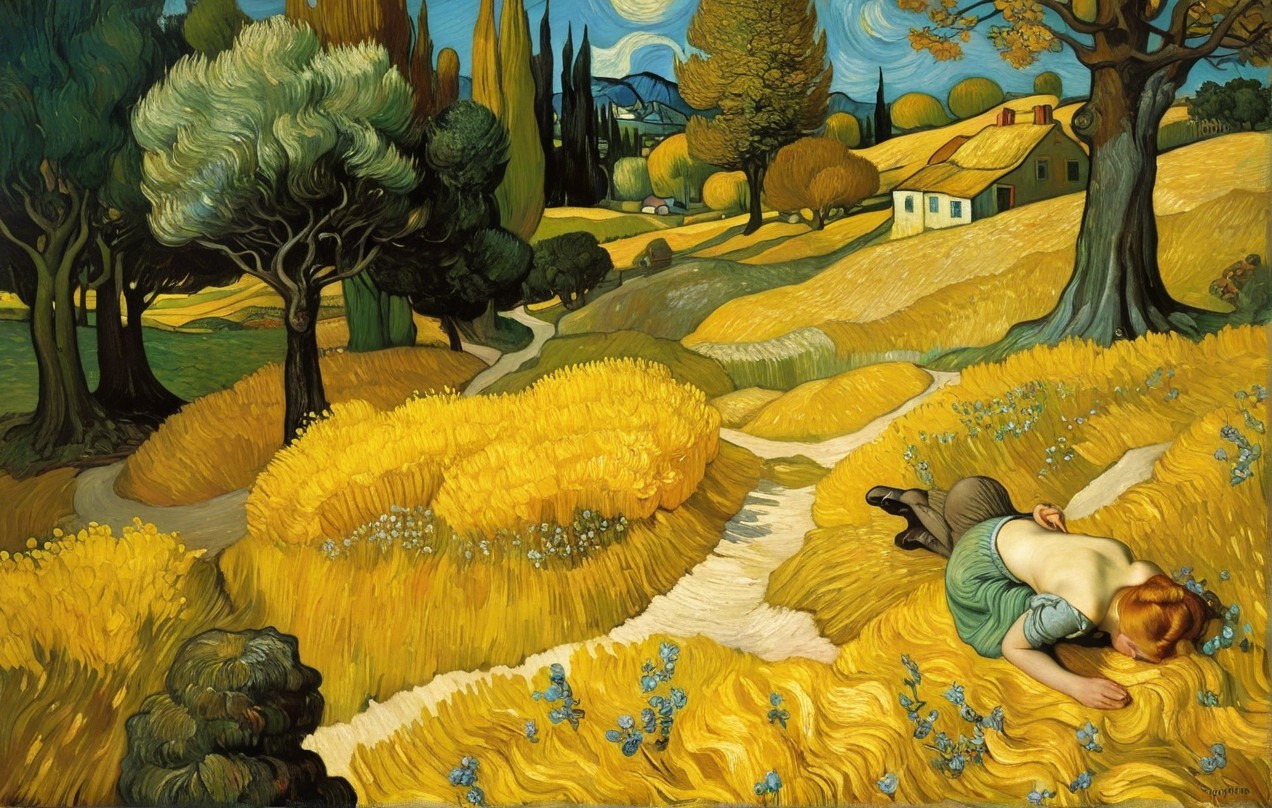 Serene Landscape with Golden Fields and Rolling Hills