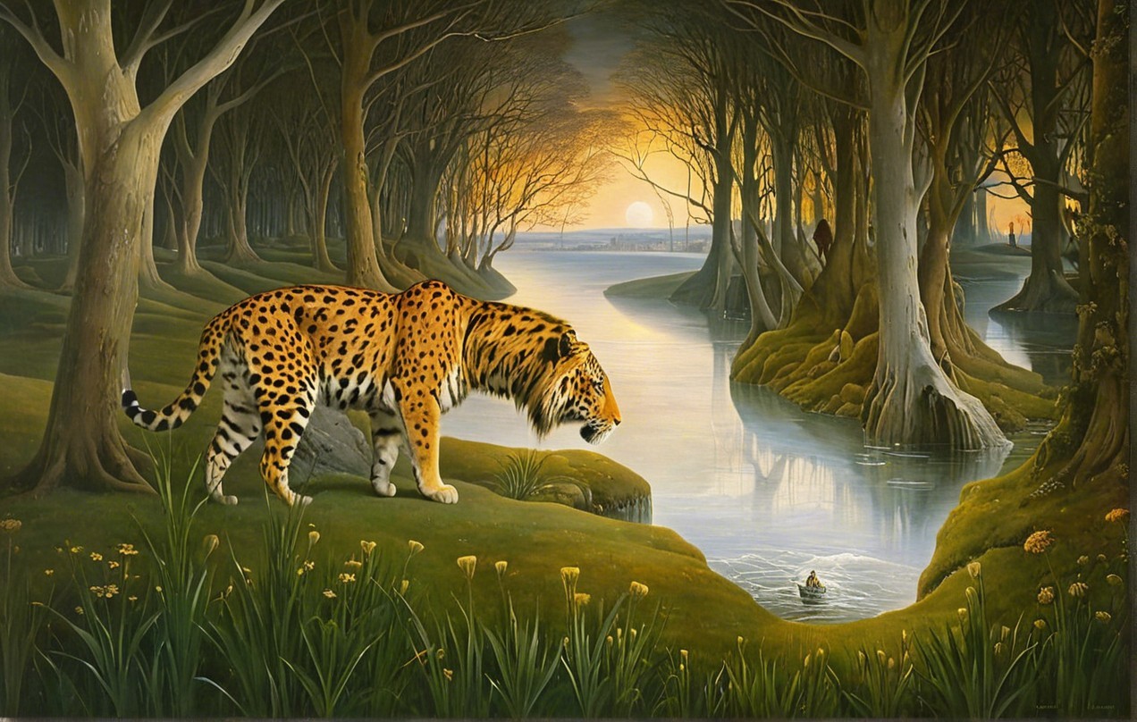 Leopard by Serene River in Mystical Forest Scene