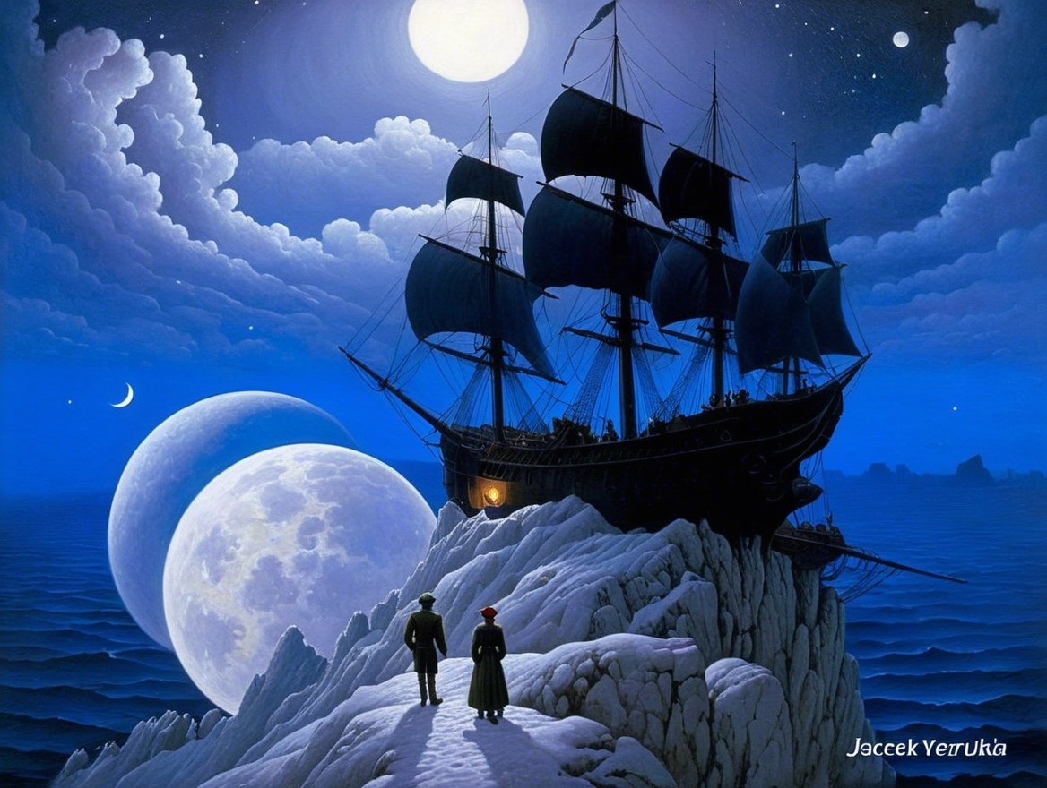 Majestic ship on rocky outcrop under night sky