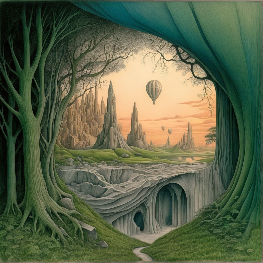 Surreal Landscape with Trees and Majestic Rock Formations