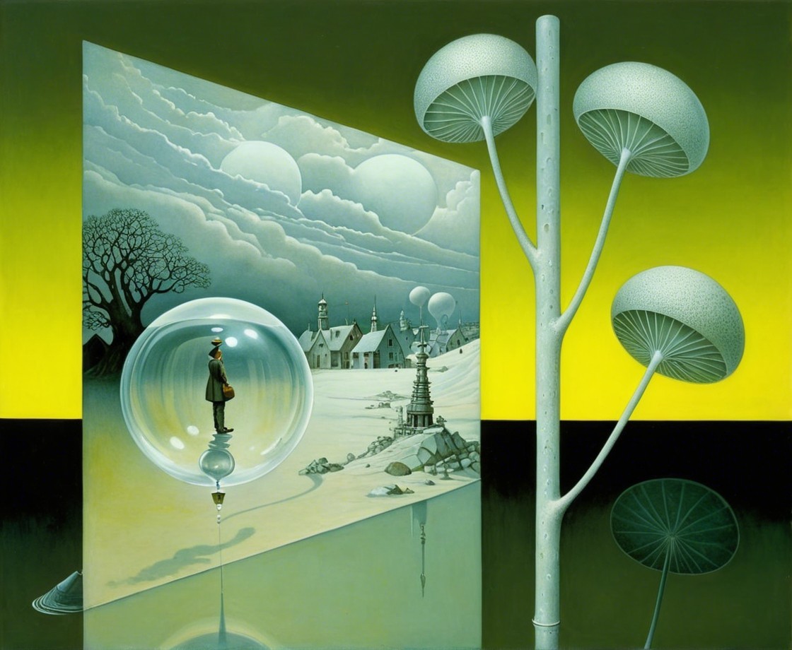 Surreal Landscape with Bubble Figure and Unique Trees