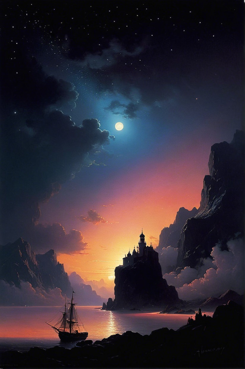 Twilight Scene of Castle and Ship by Calm Waters