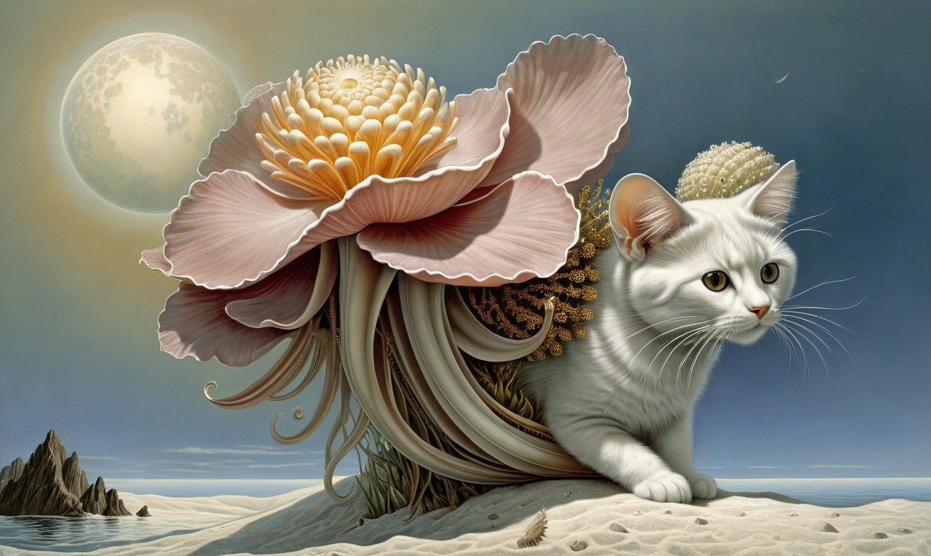 Surreal Scene of a Cat and Fantastical Flower