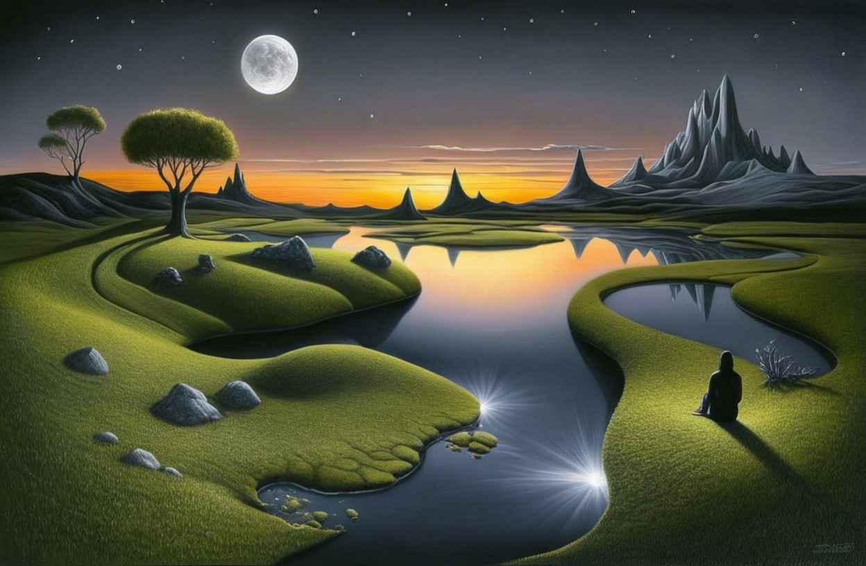 Serene Landscape with Hills, River, and Mountains