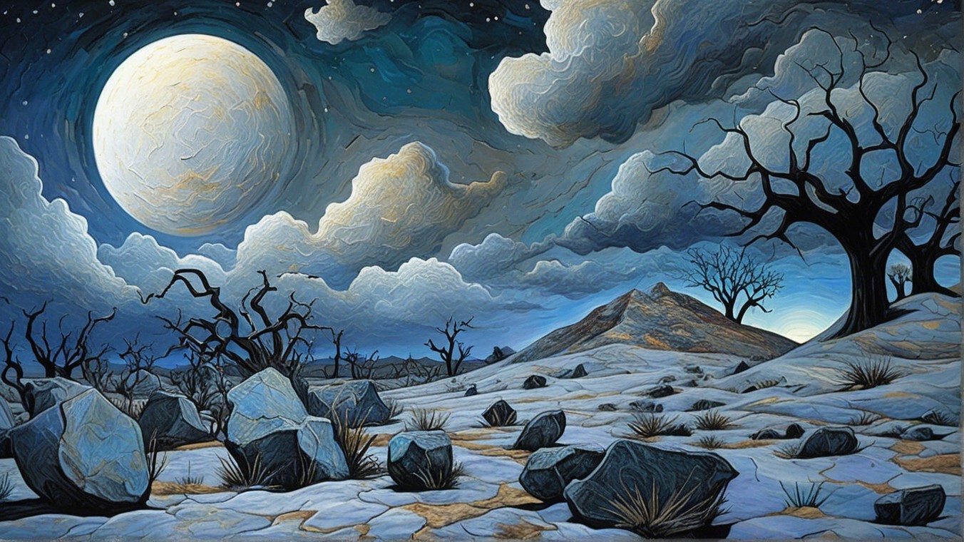 Surreal Moonlit Landscape with Twisted Trees and Rocks