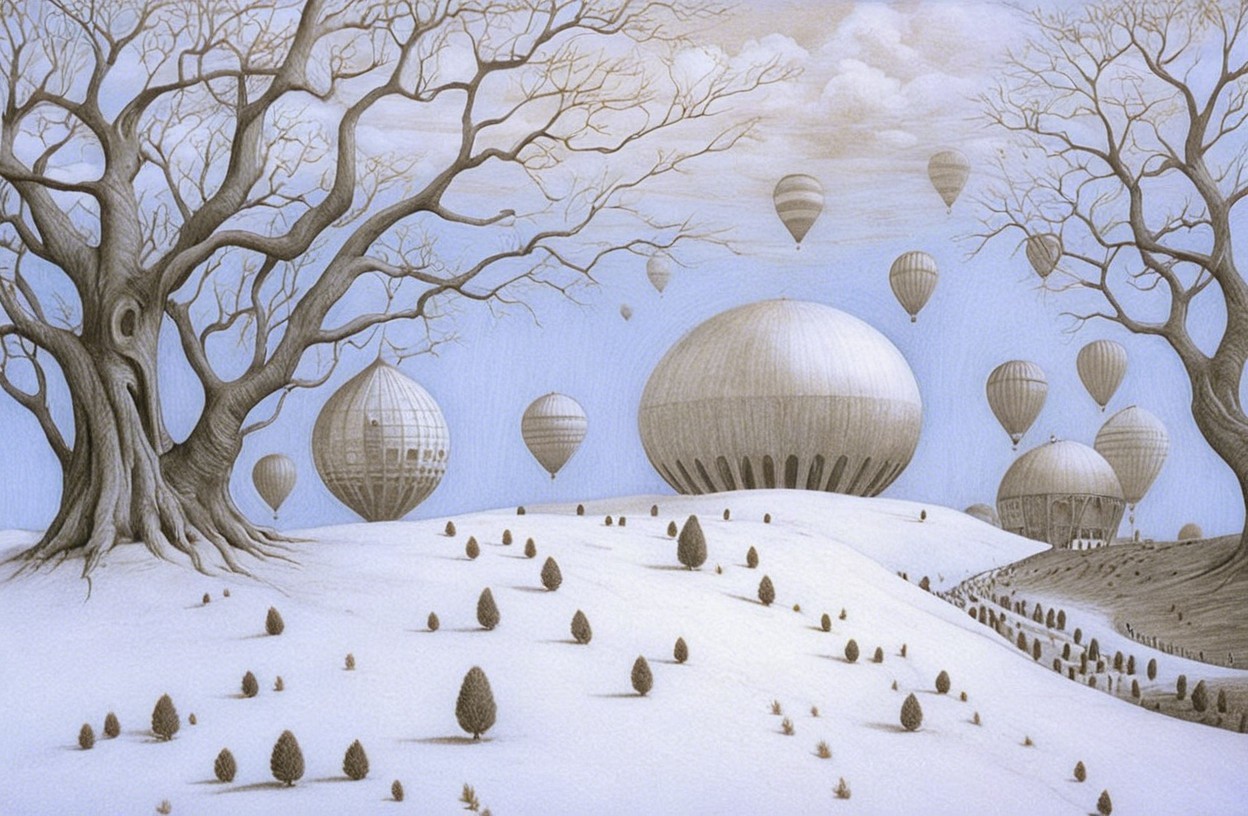 Surreal Landscape with Snowy Hills and Hot Air Balloons