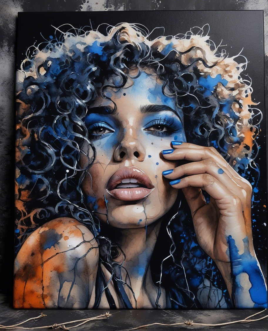 Portrait of a Woman with Curly Hair and Colorful Splashes