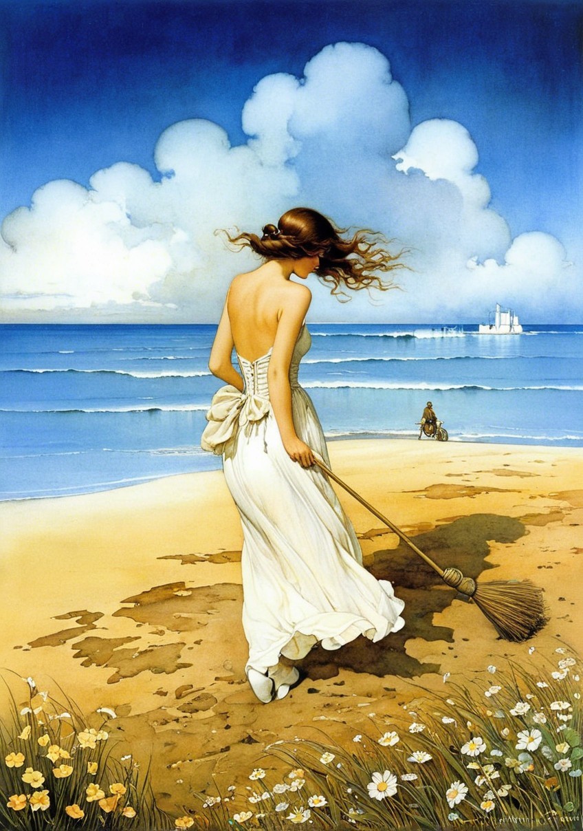 Serene Beach Scene with Woman in White Dress