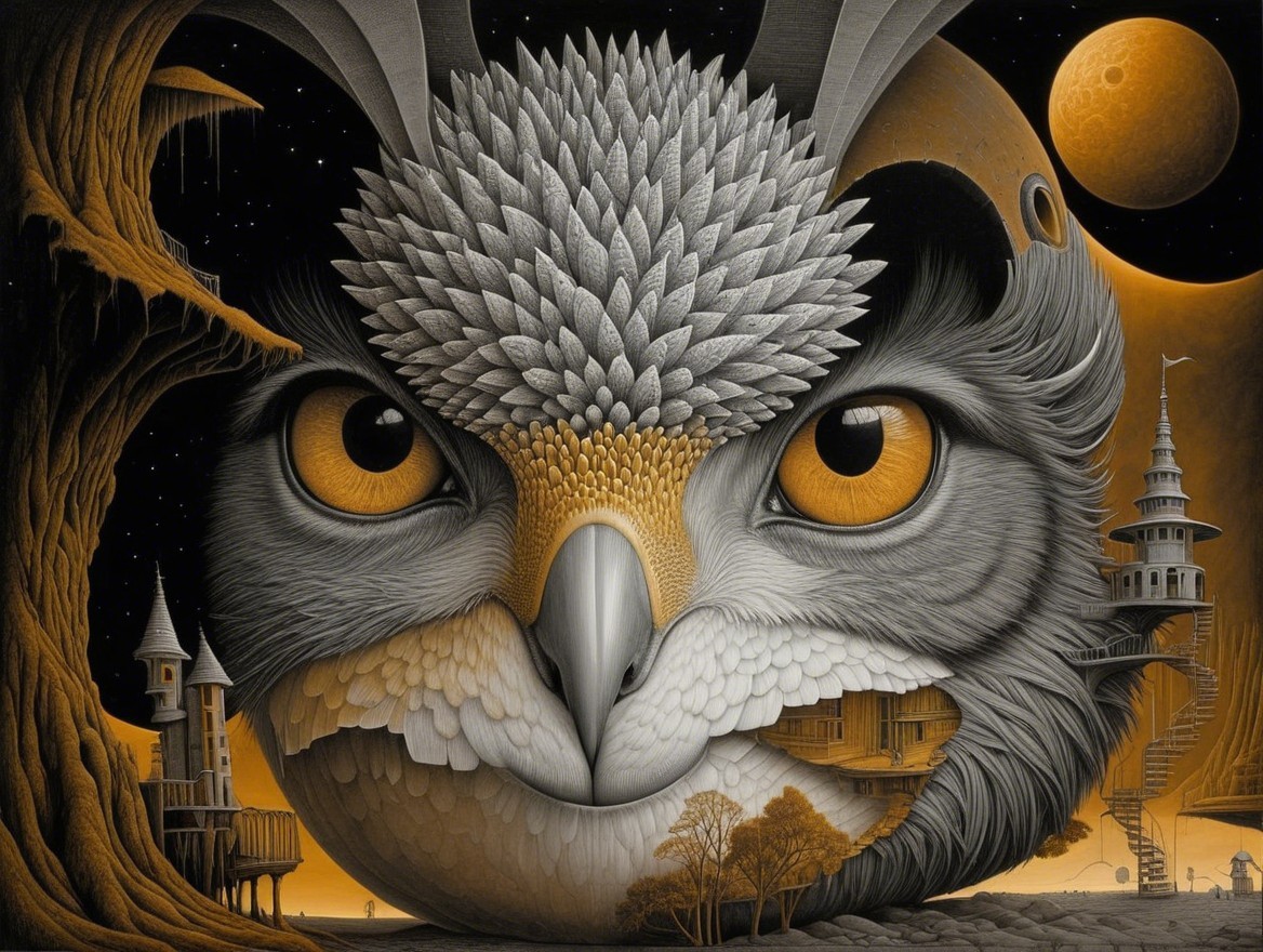 Surreal Landscape Featuring Owl Face and Fantasy Elements