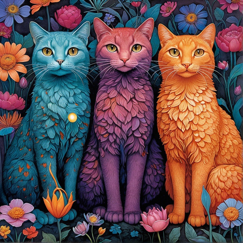 Three Colorful Cats Surrounded by Vibrant Flowers