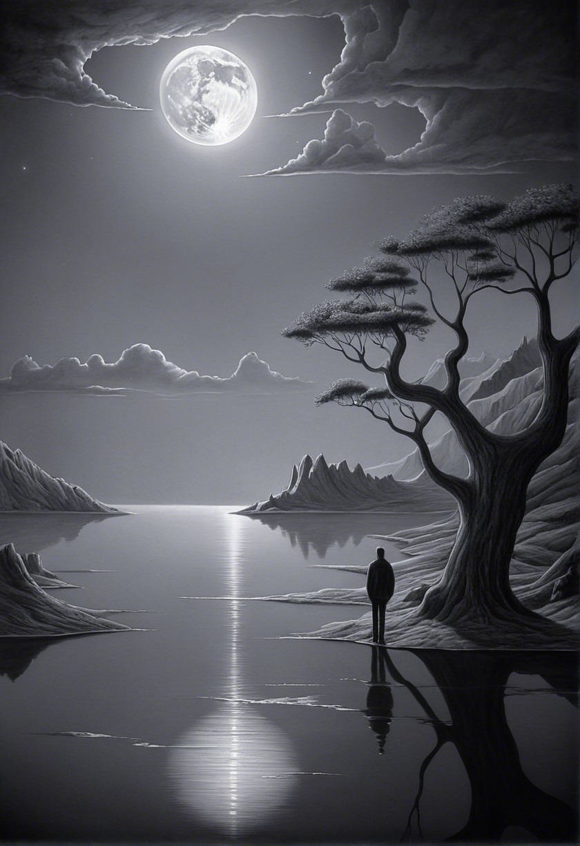 Black and White Landscape with Moonlit Lake and Figure