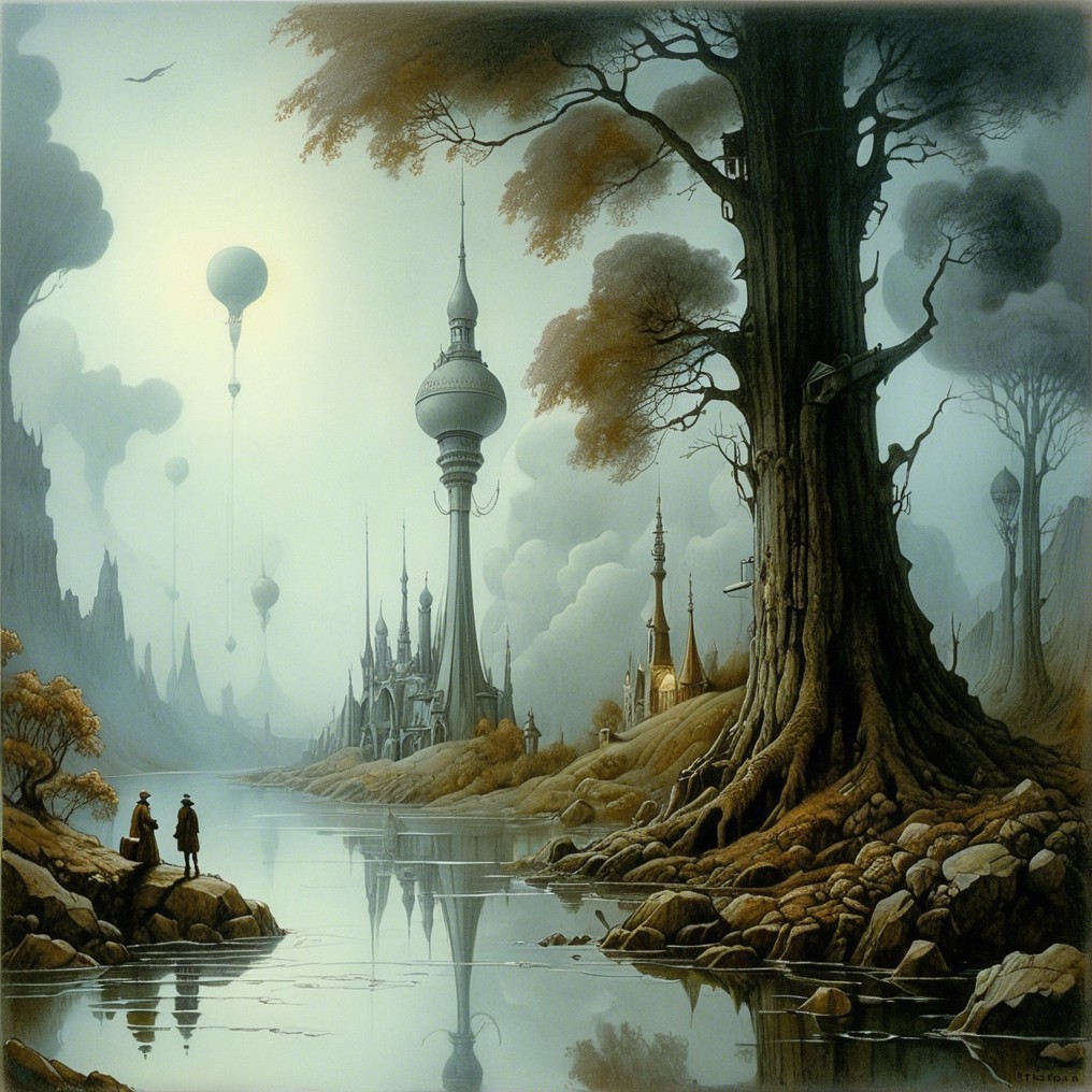 Dreamlike Landscape with Spires and Tranquil River