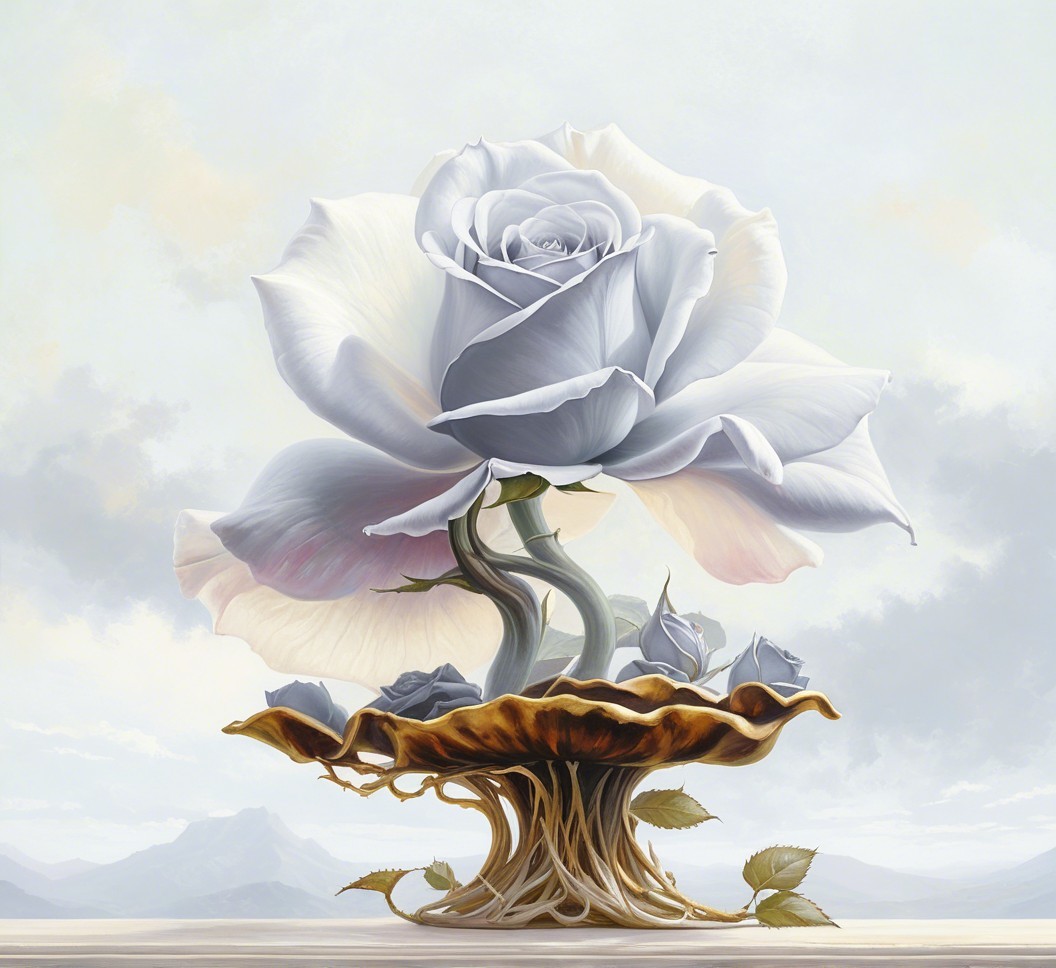 Surreal Artwork of a White Rose with Golden-Brown Base