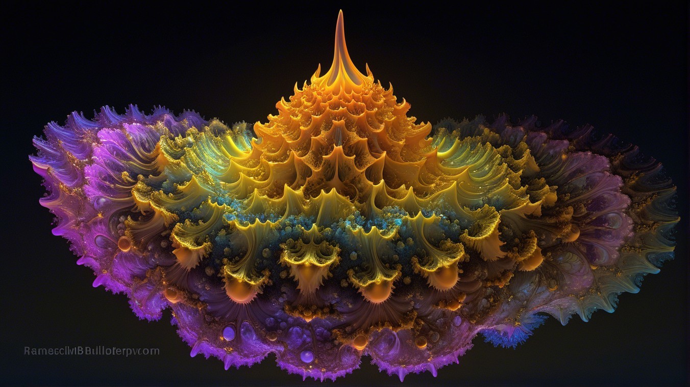 Vibrant Fractal Design with Flame-Like Peak and Swirls