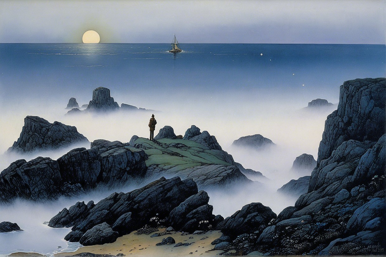 Serene Coastal Scene with Sunset and Sailboat