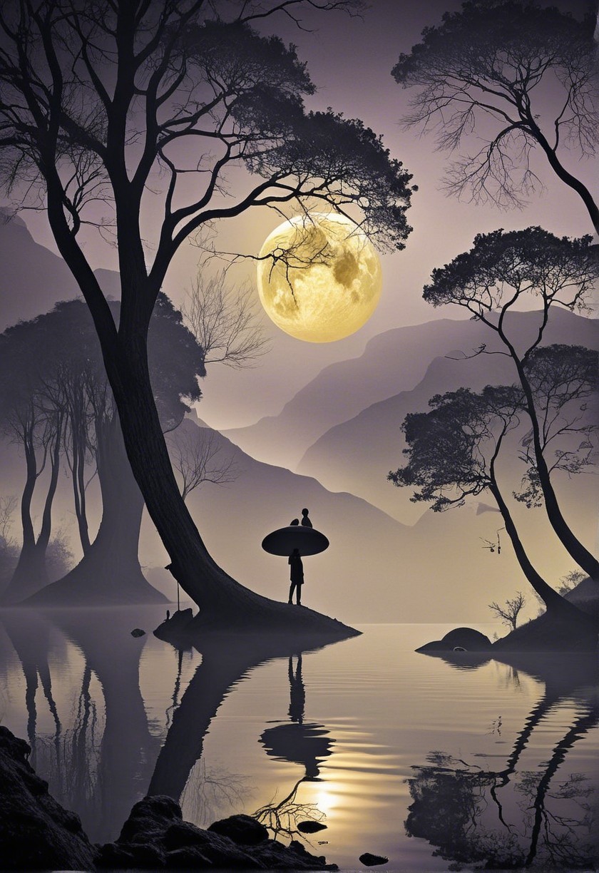 Twilight Landscape with Silhouetted Trees and Moon