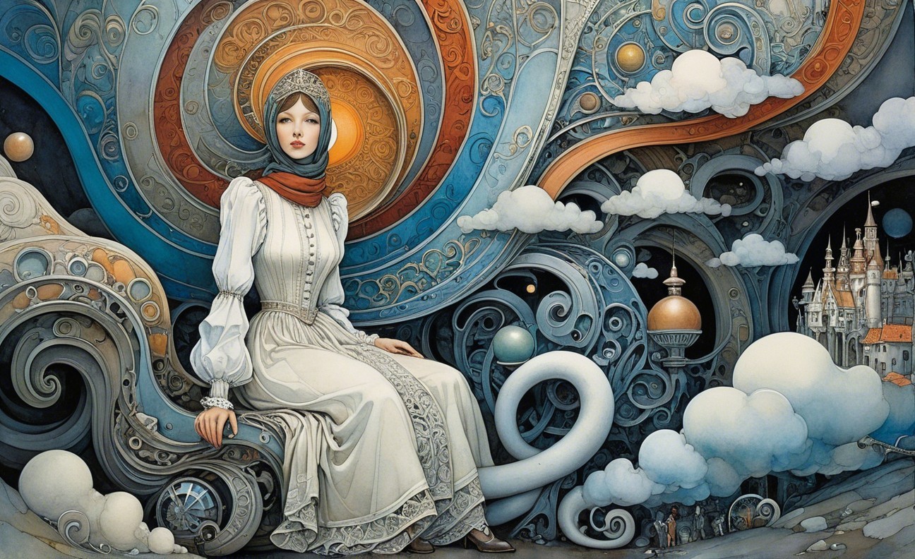 Woman in White Dress Amidst Blue and Gold Patterns