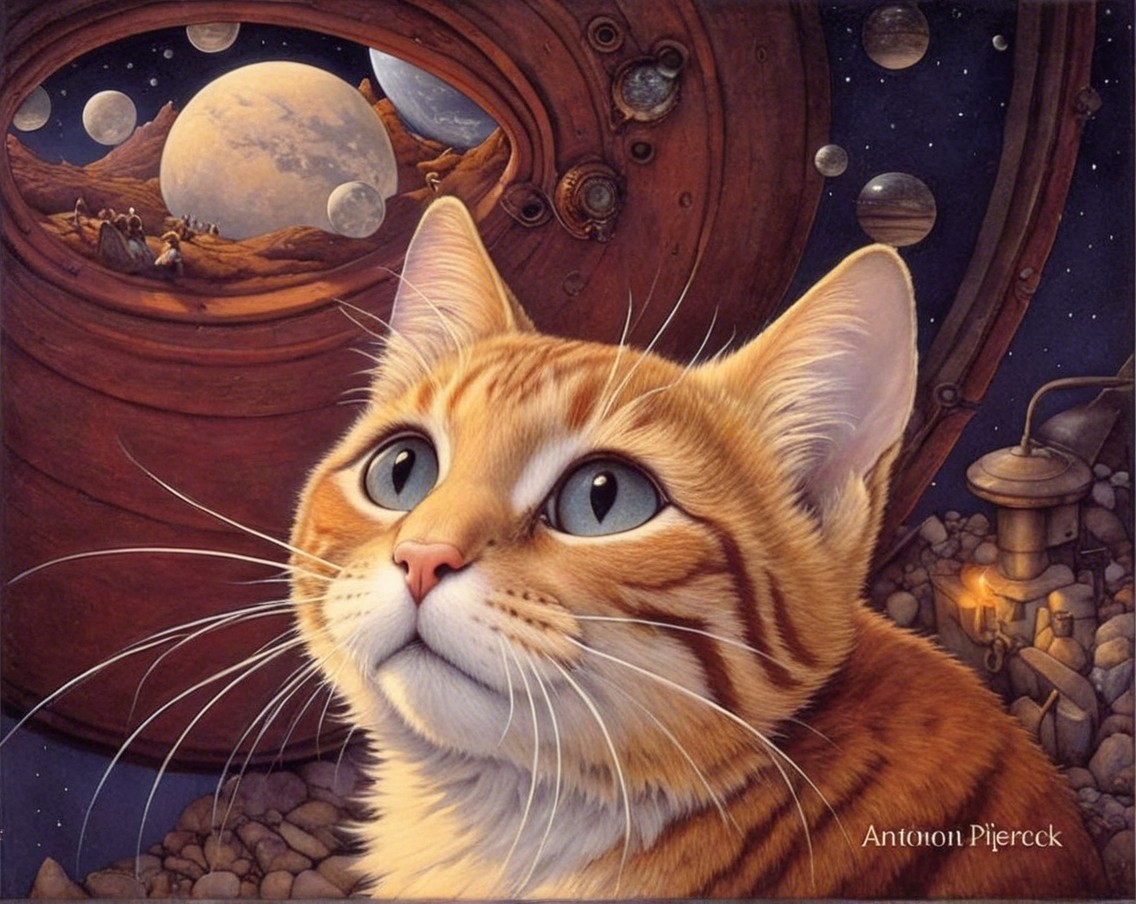 Surreal Scene of an Orange Tabby Cat in Cosmic Landscape