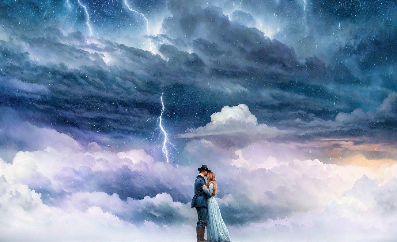 Couple Embracing in Surreal Cloudy Landscape