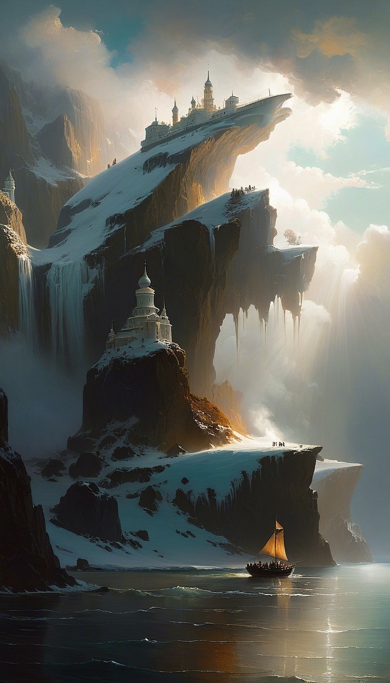Majestic Mountain Landscape with Castle and Waterfalls