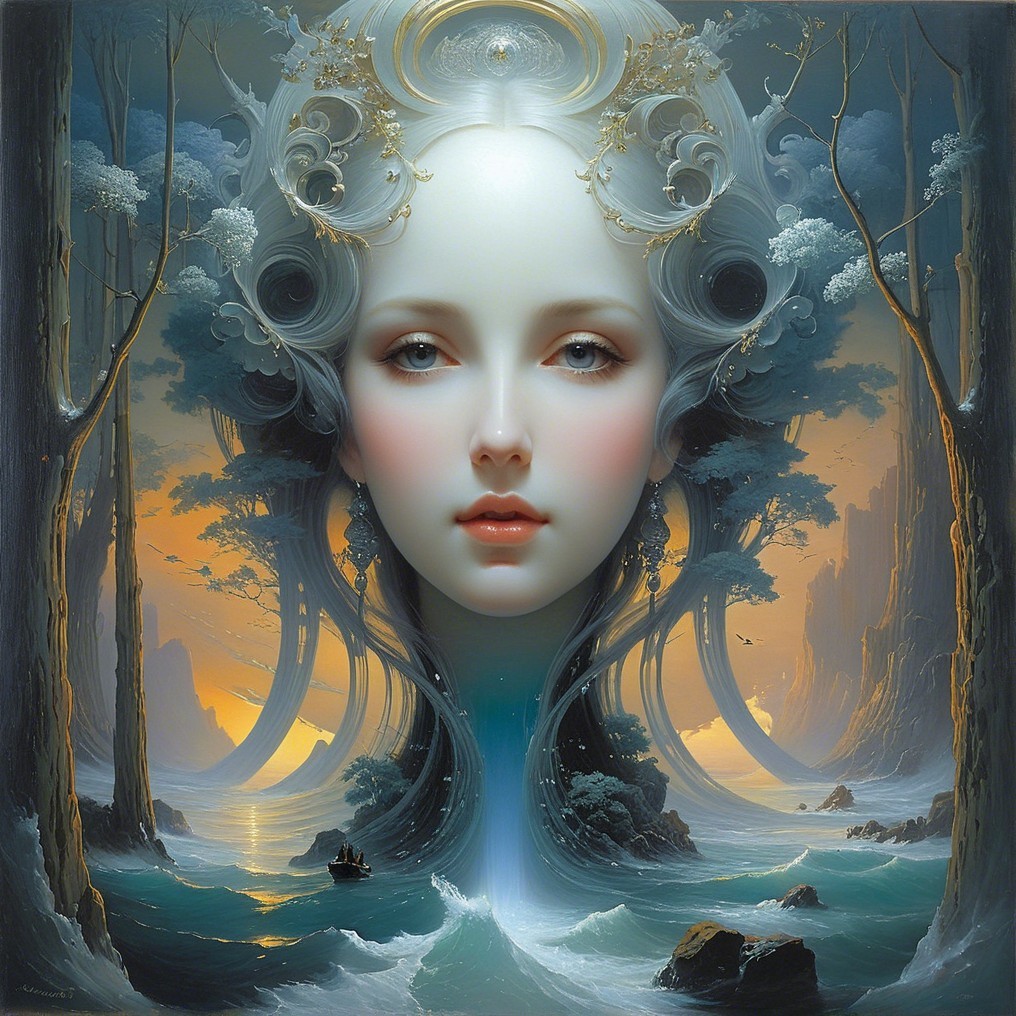 Surreal Portrait of Female Face in Tranquil Landscape
