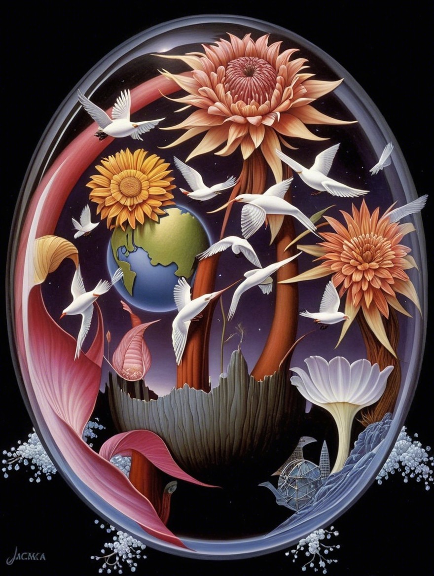 Surreal Scene of Giant Flowers and Cosmic Background